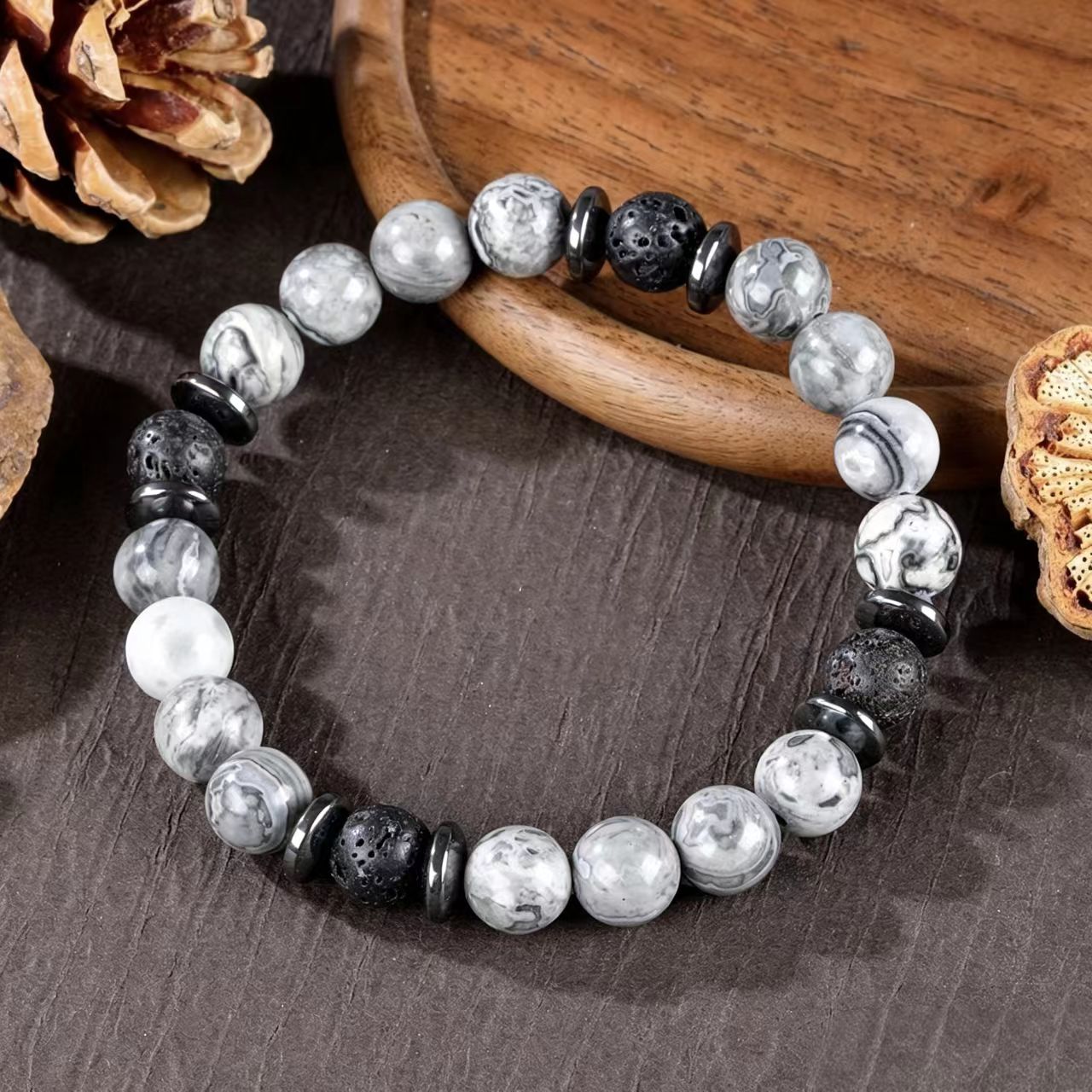 8mm Natural Lava Stone; Map Stone Beaded Bracelet, Unisex Premium Natural Stone Jewelry