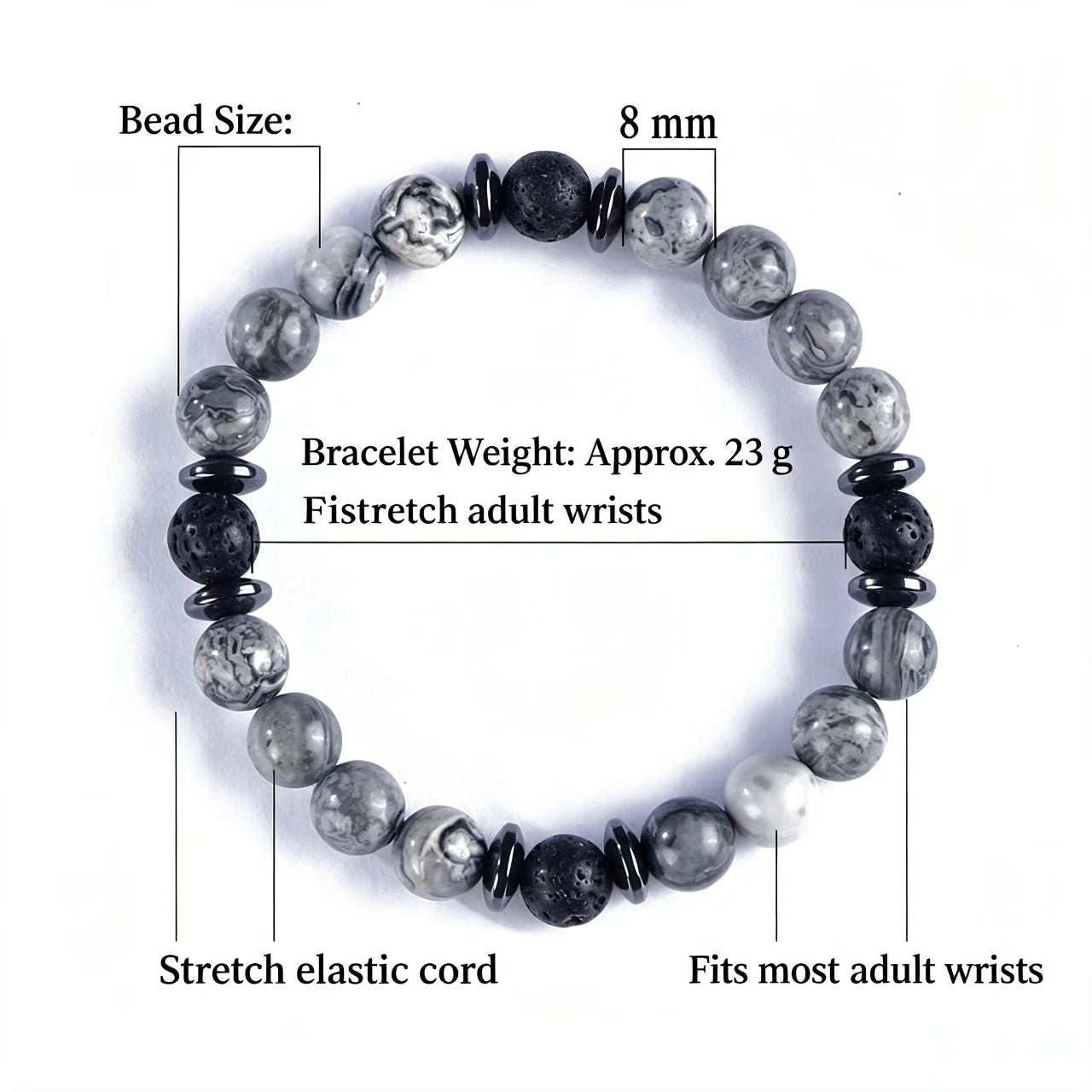 8mm Natural Lava Stone; Map Stone Beaded Bracelet, Unisex Premium Natural Stone Jewelry